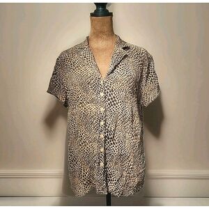 Karen Scott Petites Silk‎ Blouse Cheetah Sheer Button Up Lightweight Size PM